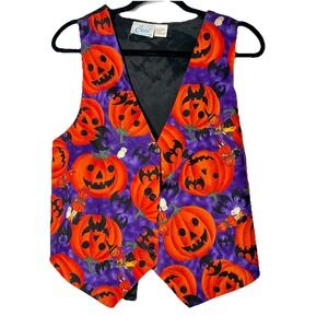 Halloween Vest Women's‎ M L Ceci Pumpkin Jackolanterns Silky Tie In Back VTG